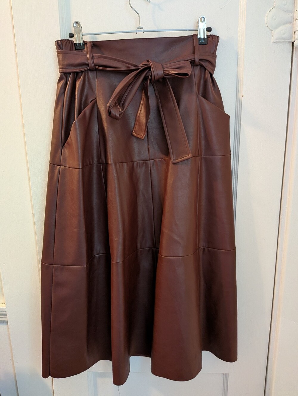 NWT Anthropologie Vigoss Brown Faux Leather A-Line Tie-Waist Midi Skirt - Size S